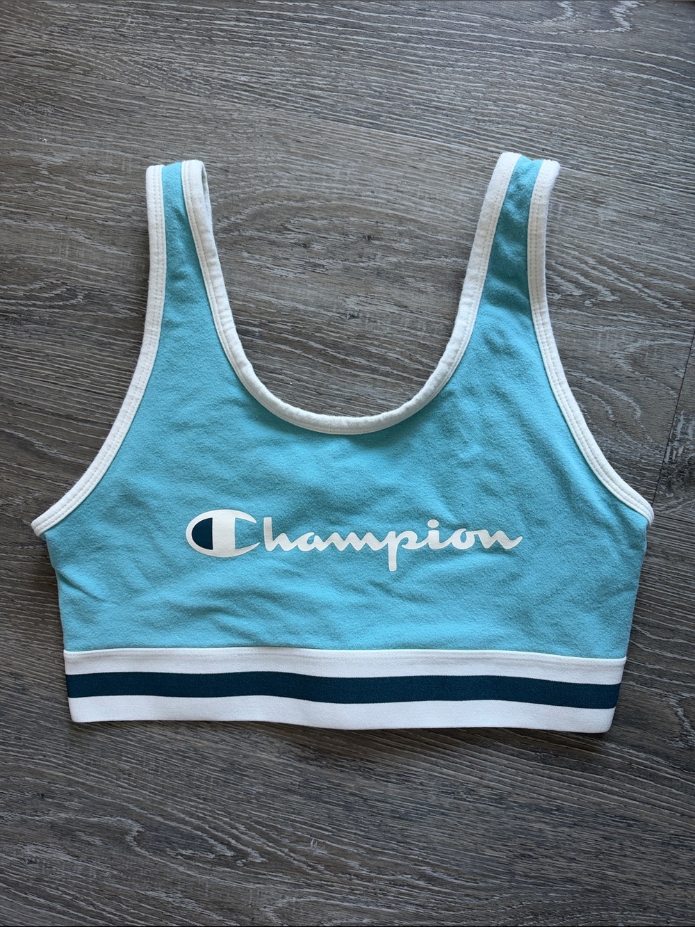 Champion Aqua & White Logo Crop Top with Navy Stripe